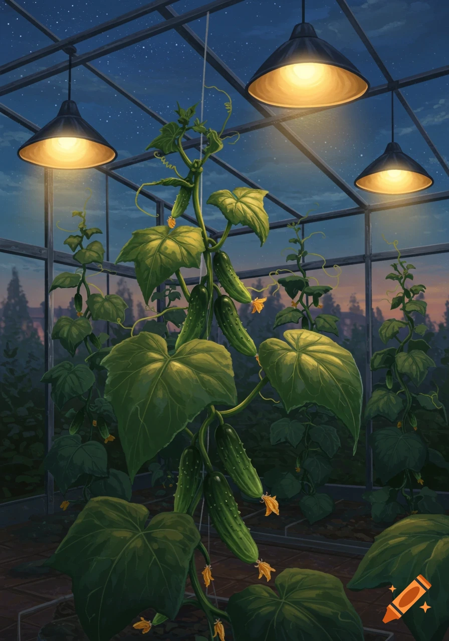 Cucumber plants with yellow flowers and mature cucumbers grow tall in a greenhouse at night, lit by overhead lamps against a starry sky.