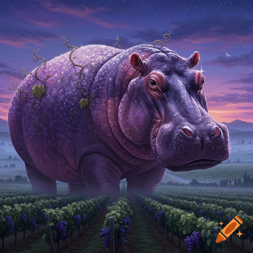 A giant purple hippo with vines on its back stands in a vineyard at twilight under a starry sky.