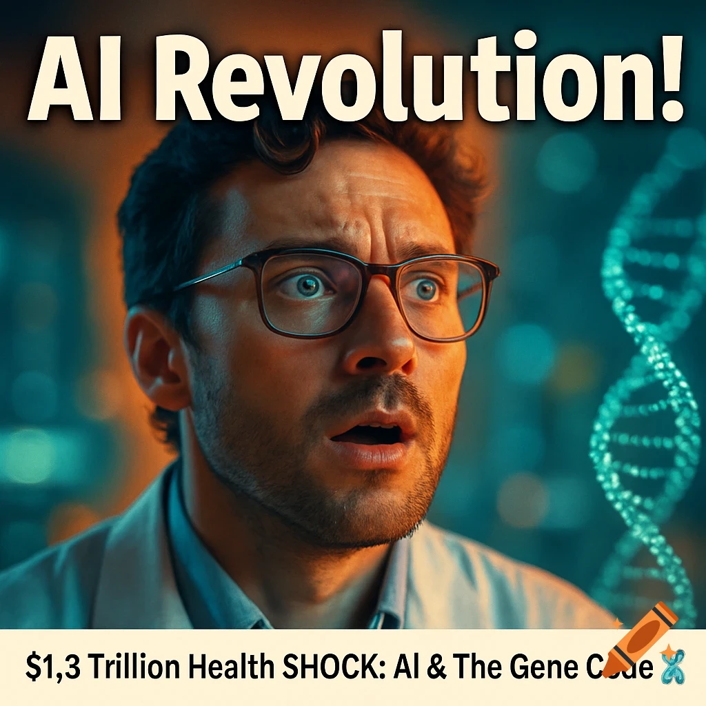 A man in glasses with a shocked expression, an AI Revolution title, and a DNA helix in a glowing, futuristic setting related to health and gene code.