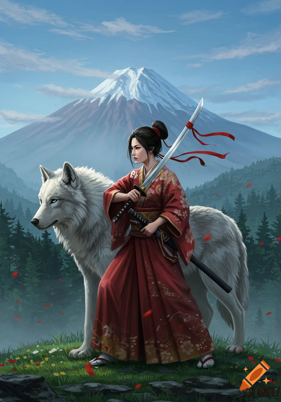 A Japanese swordswoman in a red kimono stands with a white wolf on a grassy hill, a snow-capped mountain and forest in the background.