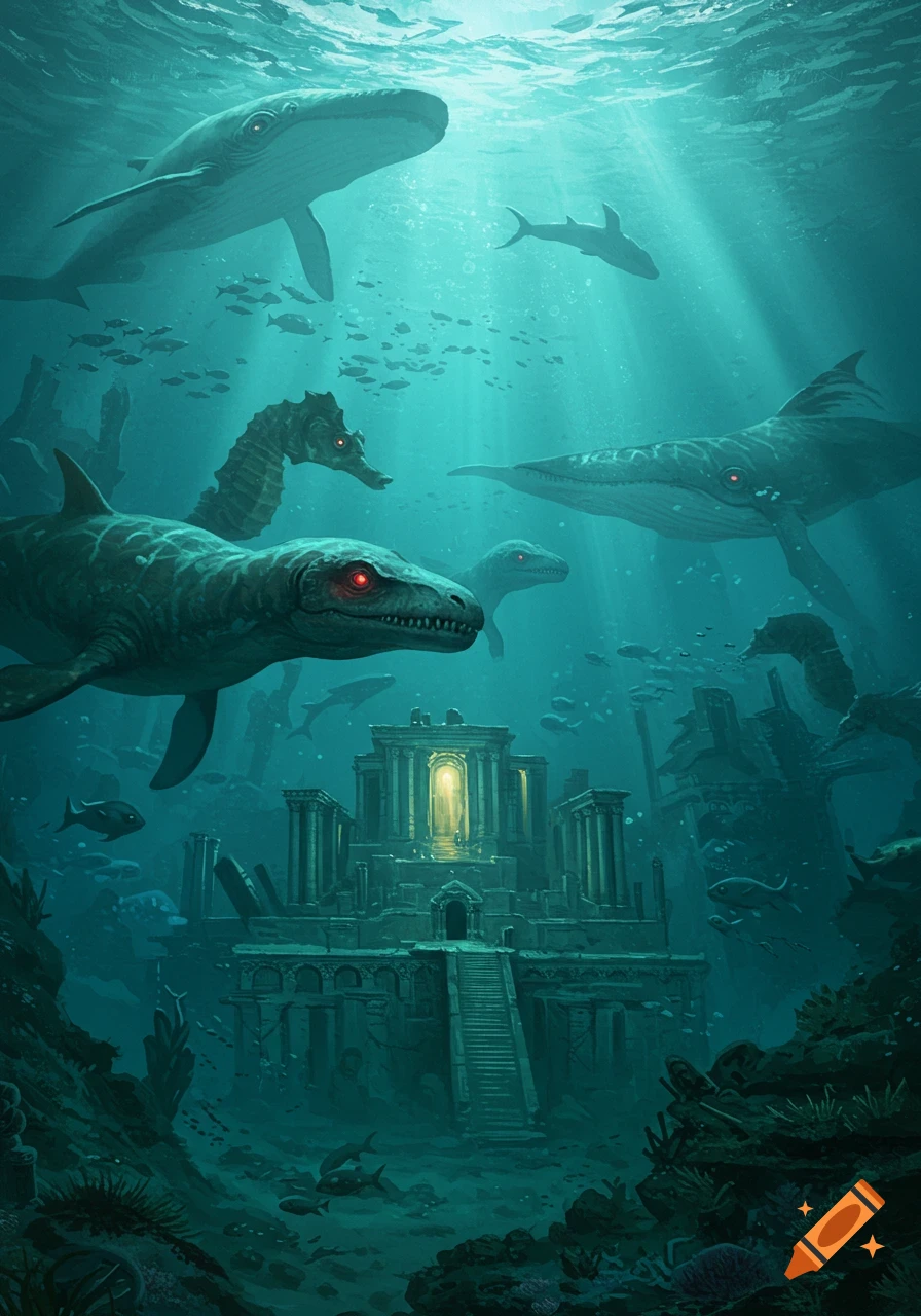 Surreal painted underwater scene with whales, plesiosaurs, and other giant creatures with red eyes swimming around an ancient, glowing temple.