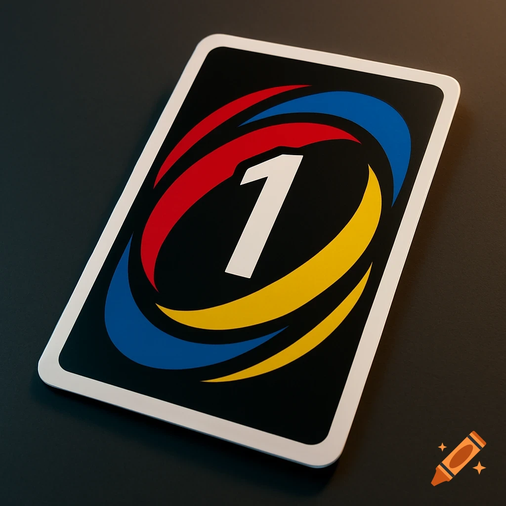 Black Uno-style game card with a white '1' and red, blue, yellow swirls on a dark surface.