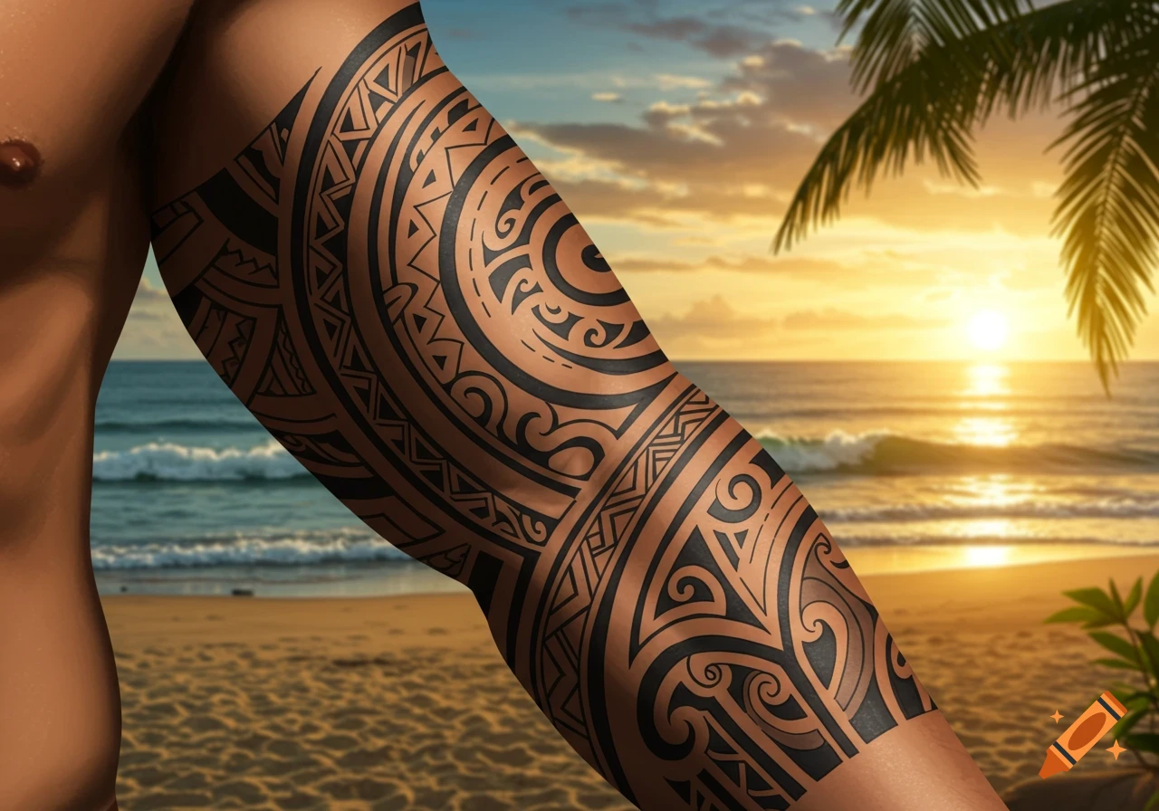 A person's arm with a black Polynesian tattoo against a beach sunset, waves crashing, and palm fronds.