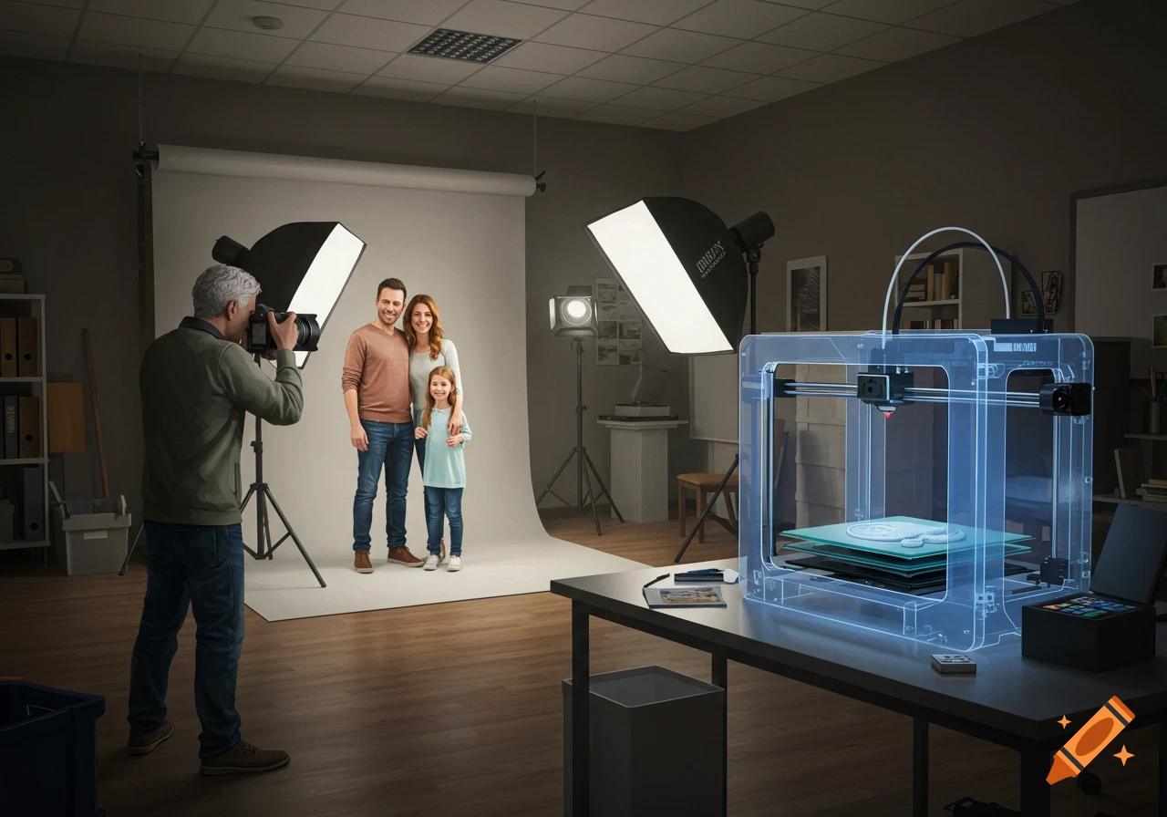 A photographer shoots a family of three in a photo studio, while a glowing 3D printer on a nearby table prints an object.