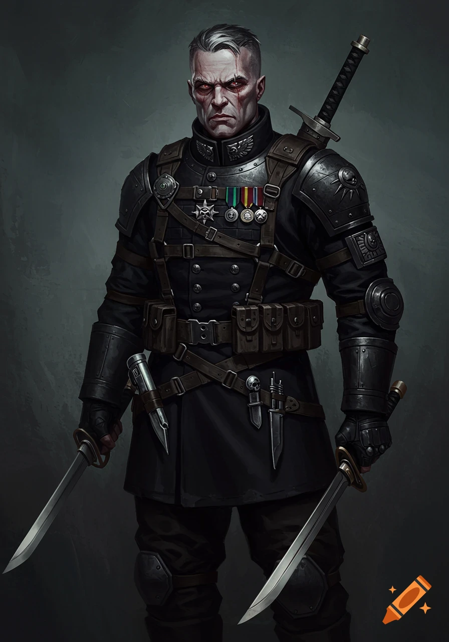 A stern male warrior in a dark, reinforced military uniform, holding two swords, with a scarred face and graying hair, digital art.