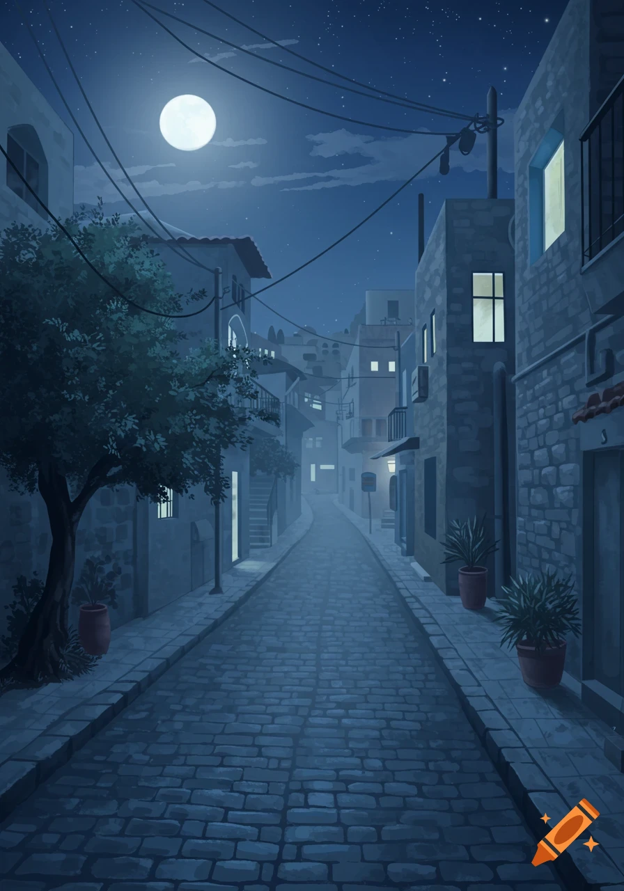 Illustrative night scene of a cobblestone street lined with buildings under a full moon, with glowing windows and overhead wires.