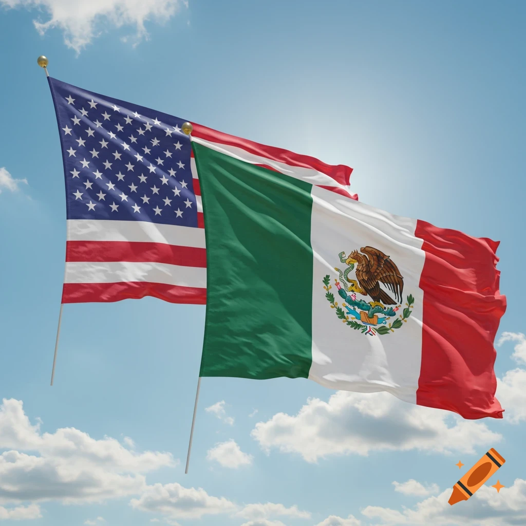 Photorealistic image of the American and Mexican flags waving against a blue sky with clouds.