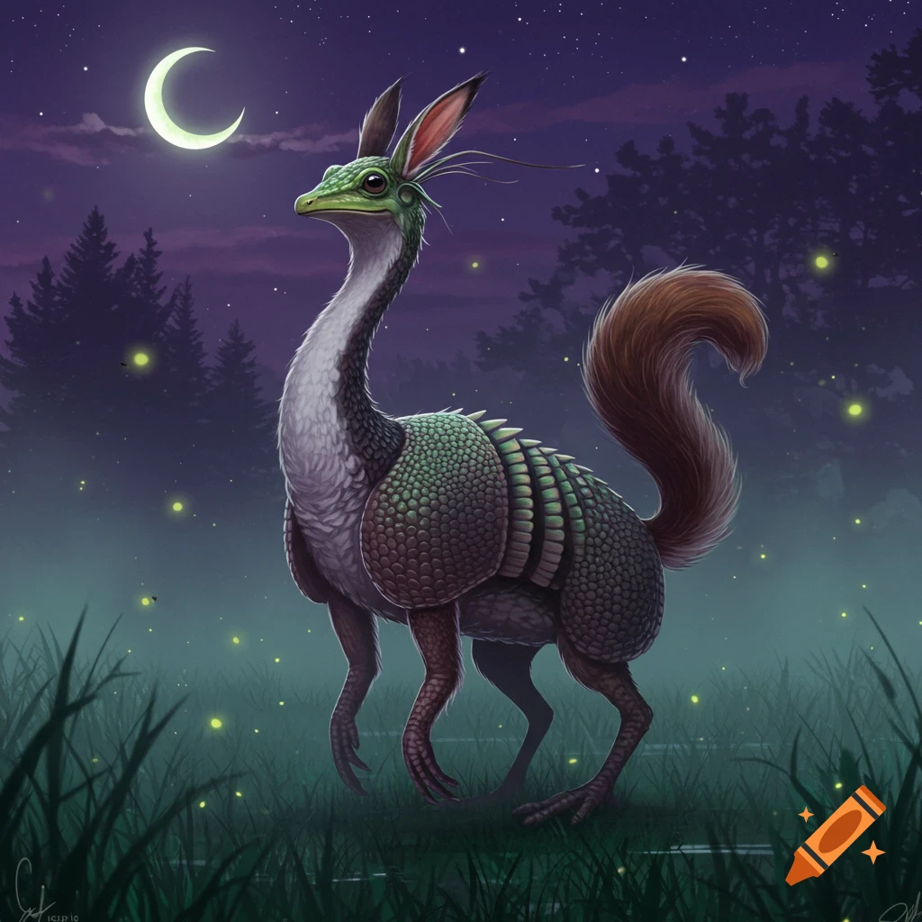 A strange green creature with rabbit ears and a bushy tail stands in a misty swamp at night, under a crescent moon.