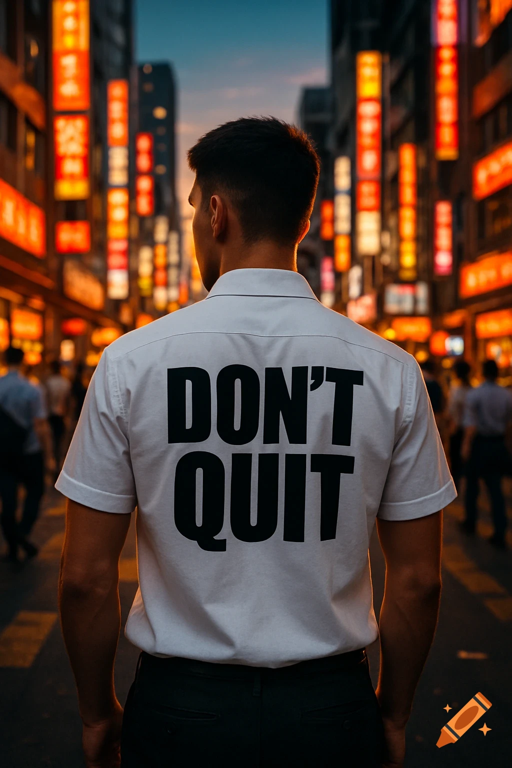 Man from behind with 'DON'T QUIT' on his white shirt, walking into a neon-lit city street at dusk.
