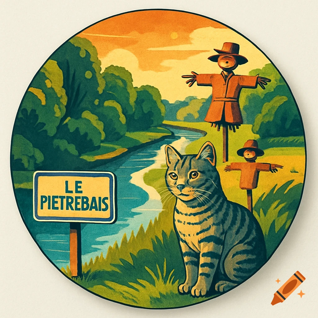 A grey tabby cat by a river with a sign reading "LE PIETREBAIS" and scarecrows in a travel poster illustration style.