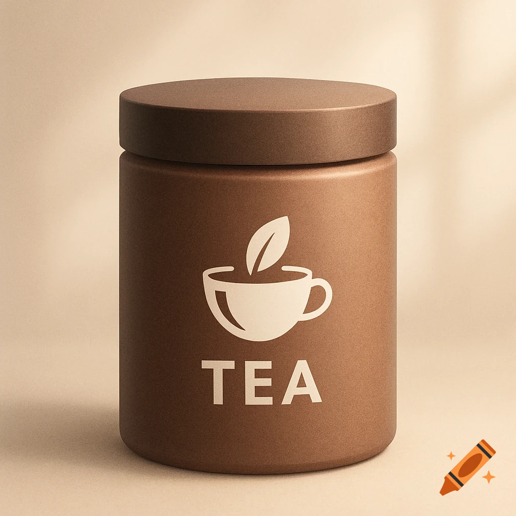 A minimalist brown cylindrical tea canister with a dark lid, featuring a white tea cup and leaf icon and the word TEA.