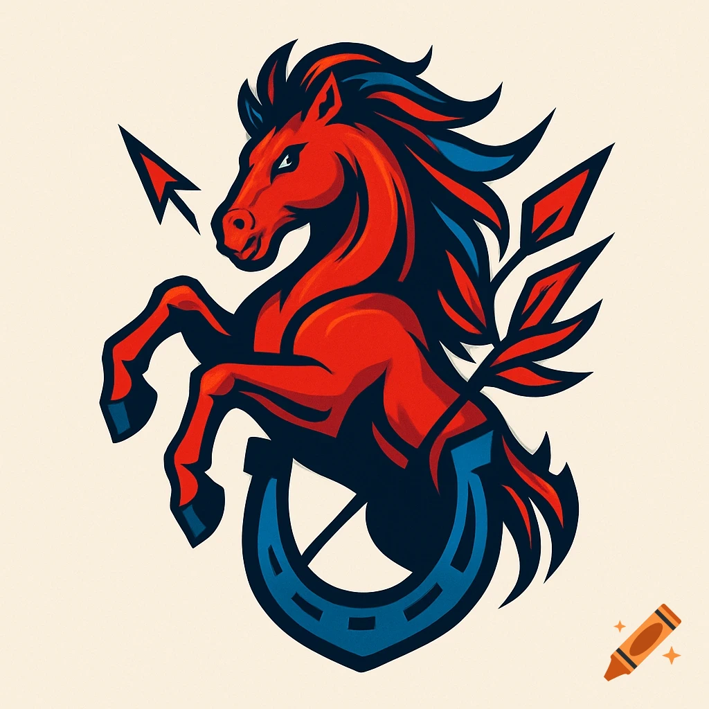 A stylized red horse rearing with a blue mane and tail, an arrow, and a horseshoe, designed as a logo.