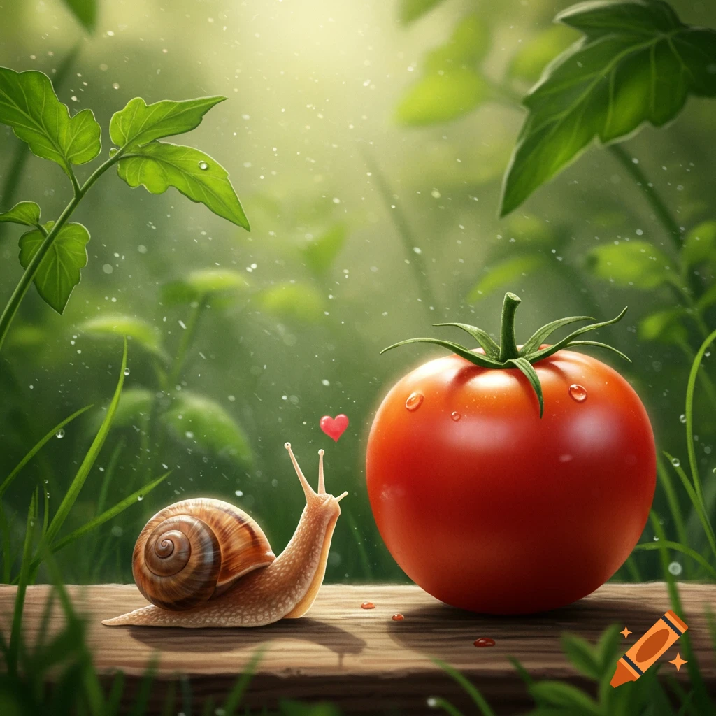 A snail with a heart above its head gazes at a ripe red tomato on a wet wooden surface amidst lush green foliage, digital art.