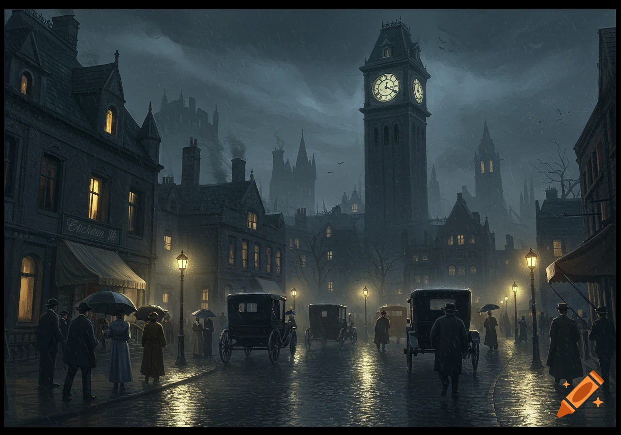 Dark, rainy 1920s city street at night with people, horse-drawn carriages, glowing street lamps, and a tall clock tower looming over buildings.