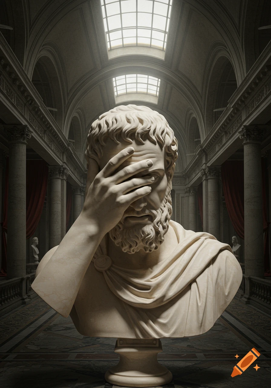Marble bust of a bearded man doing a facepalm in a classical museum hall.