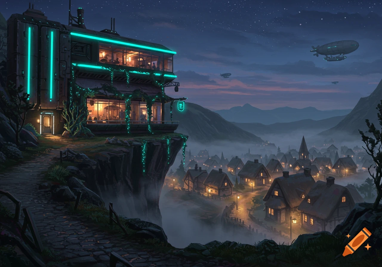 A glowing futuristic inn perched on a cliff overlooks a misty, rustic fantasy village with airships in the night sky.