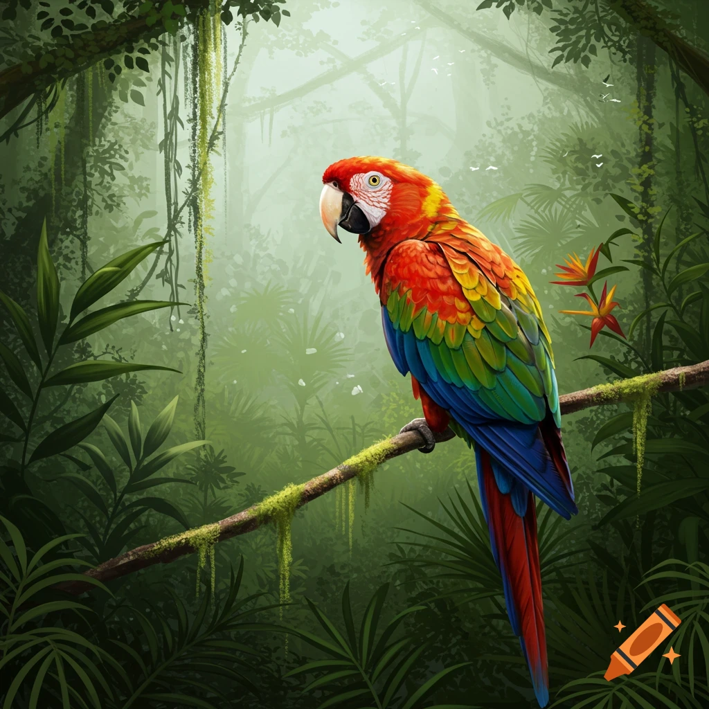 A vibrant red, yellow, green, and blue macaw parrot perched on a mossy branch in a lush, misty jungle.