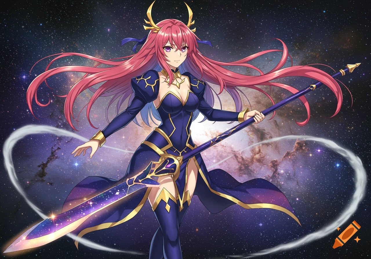 Anime woman with long pink hair, gold horns, and a dark blue and gold outfit, holding a glowing cosmic staff against a starry galaxy background.
