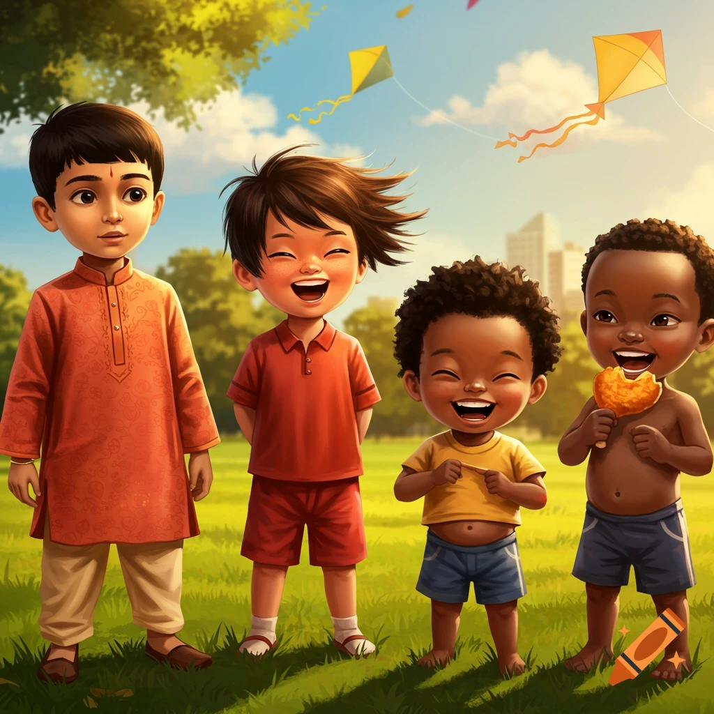 Four diverse cartoon boys, two laughing, stand in a grassy park with kites flying in a vibrant sky. One boy eats fried chicken.