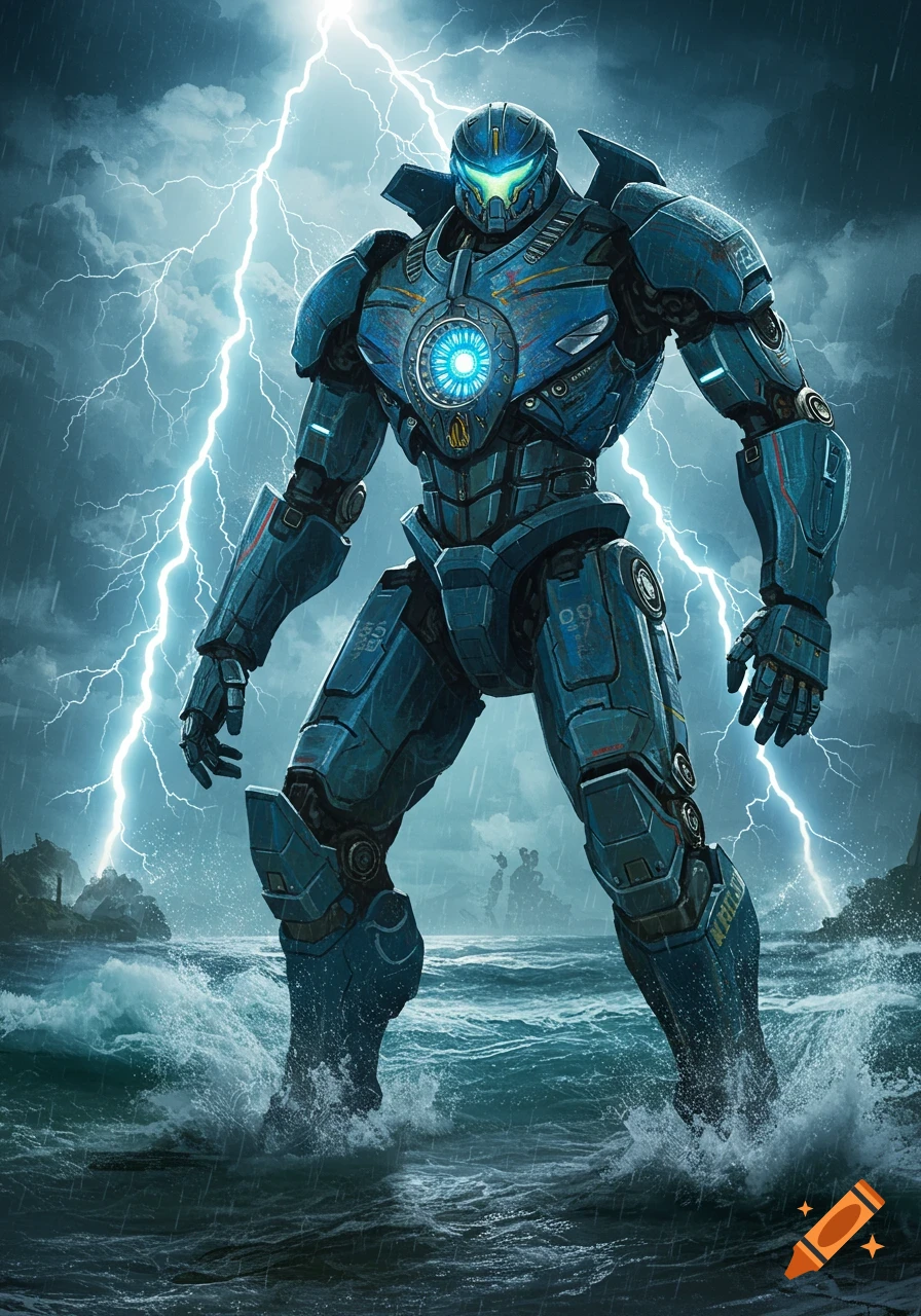 A giant blue robot stands in a stormy ocean with lightning striking in the dark sky.