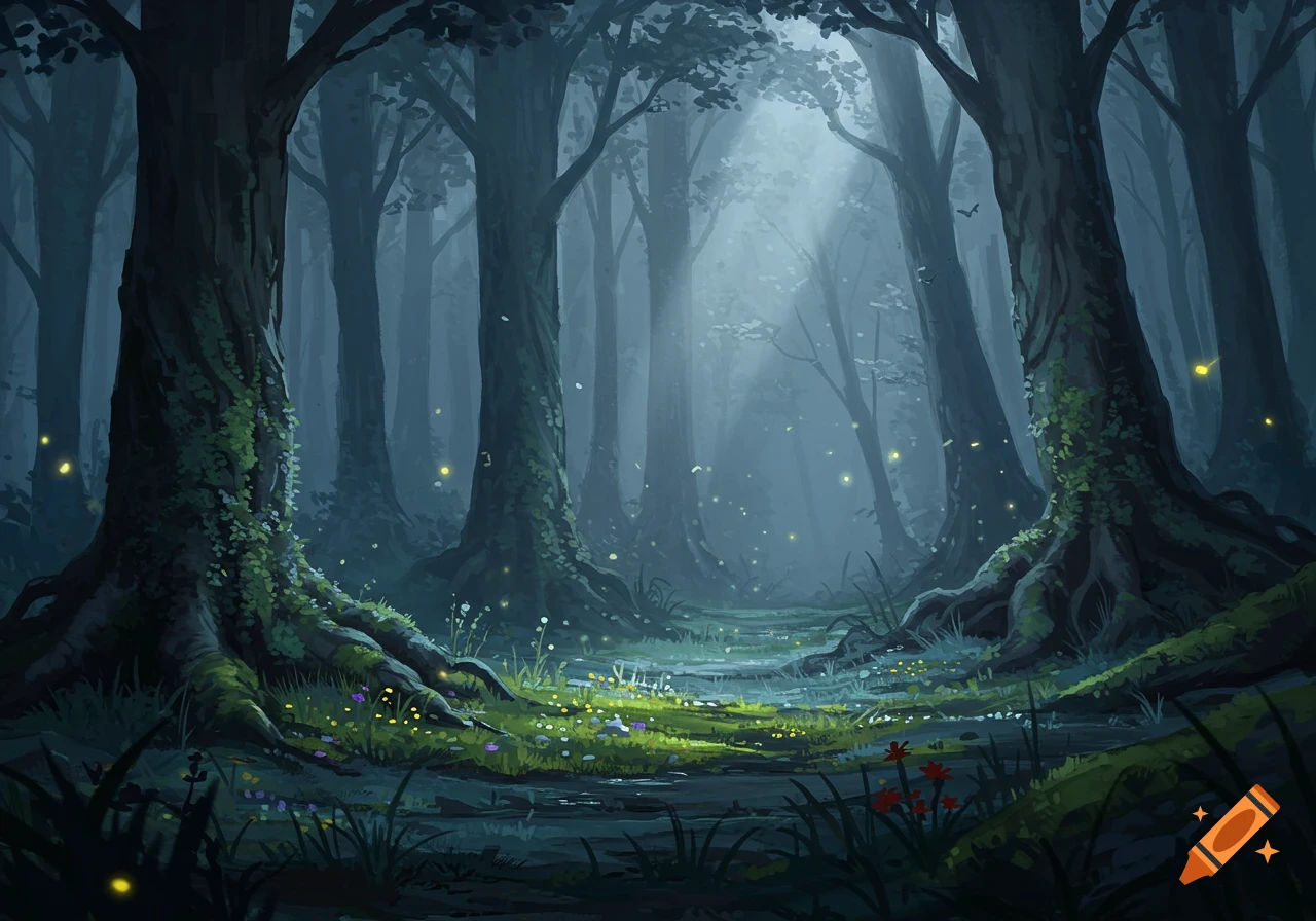 Mystical dark forest with mossy trees, glowing fireflies, and a foggy path; digital art.