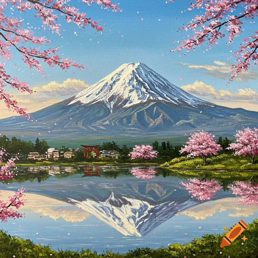 Oil painting of Mt. Fuji with a snow-capped peak, reflected in a calm lake, surrounded by vibrant pink cherry blossoms and a red torii gate.