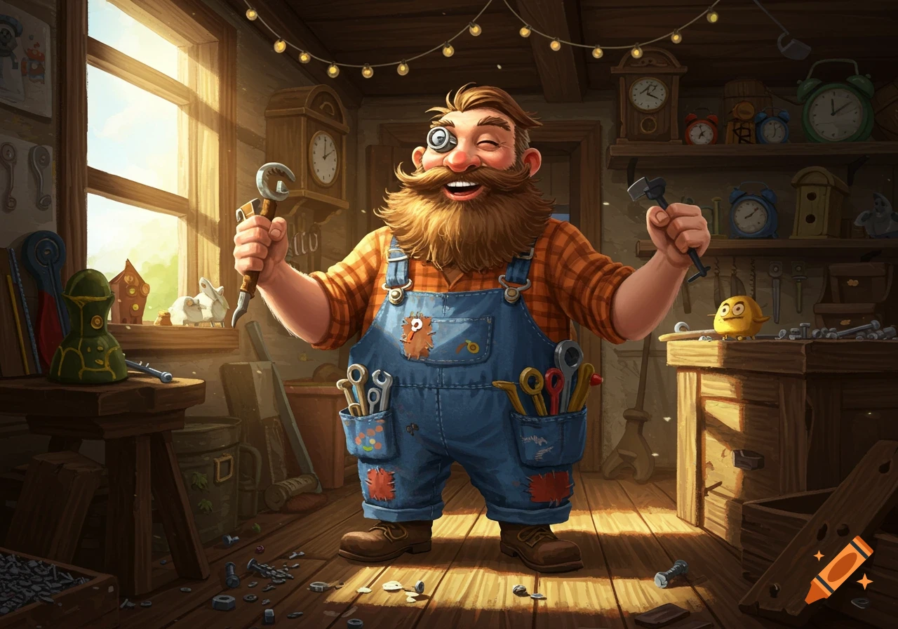 A whimsical, bearded handyman in blue overalls and a plaid shirt stands in a sunlit workshop, holding a wrench and a hammer.