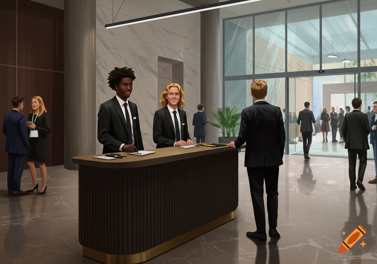 Two receptionists in suits behind a desk greet a visitor in a modern, bright lobby. Others mingle in the background.