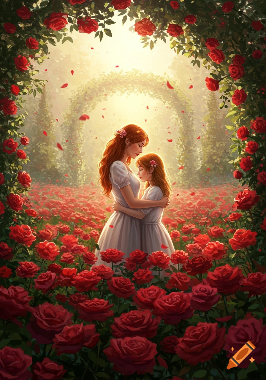 An illustration of a mother and daughter embracing in a lush garden filled with red roses, under soft, warm light.