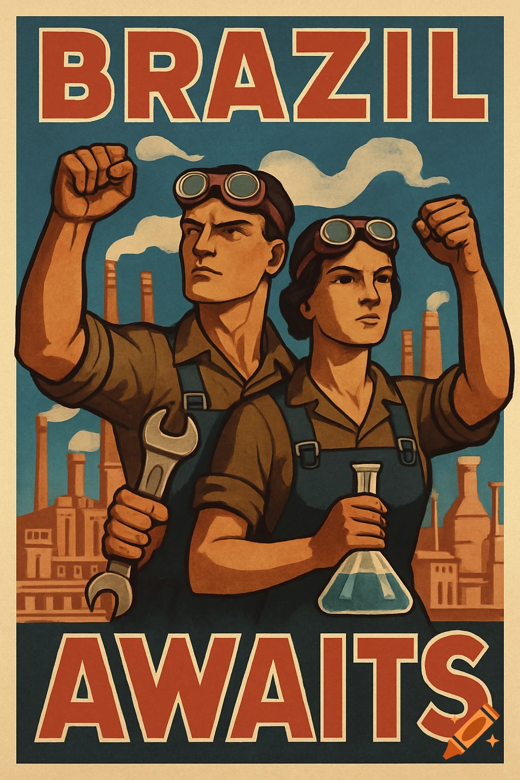 Vintage propaganda poster of a man and woman workers with raised fists and tools against an industrial background, text 'BRAZIL AWAITS'.