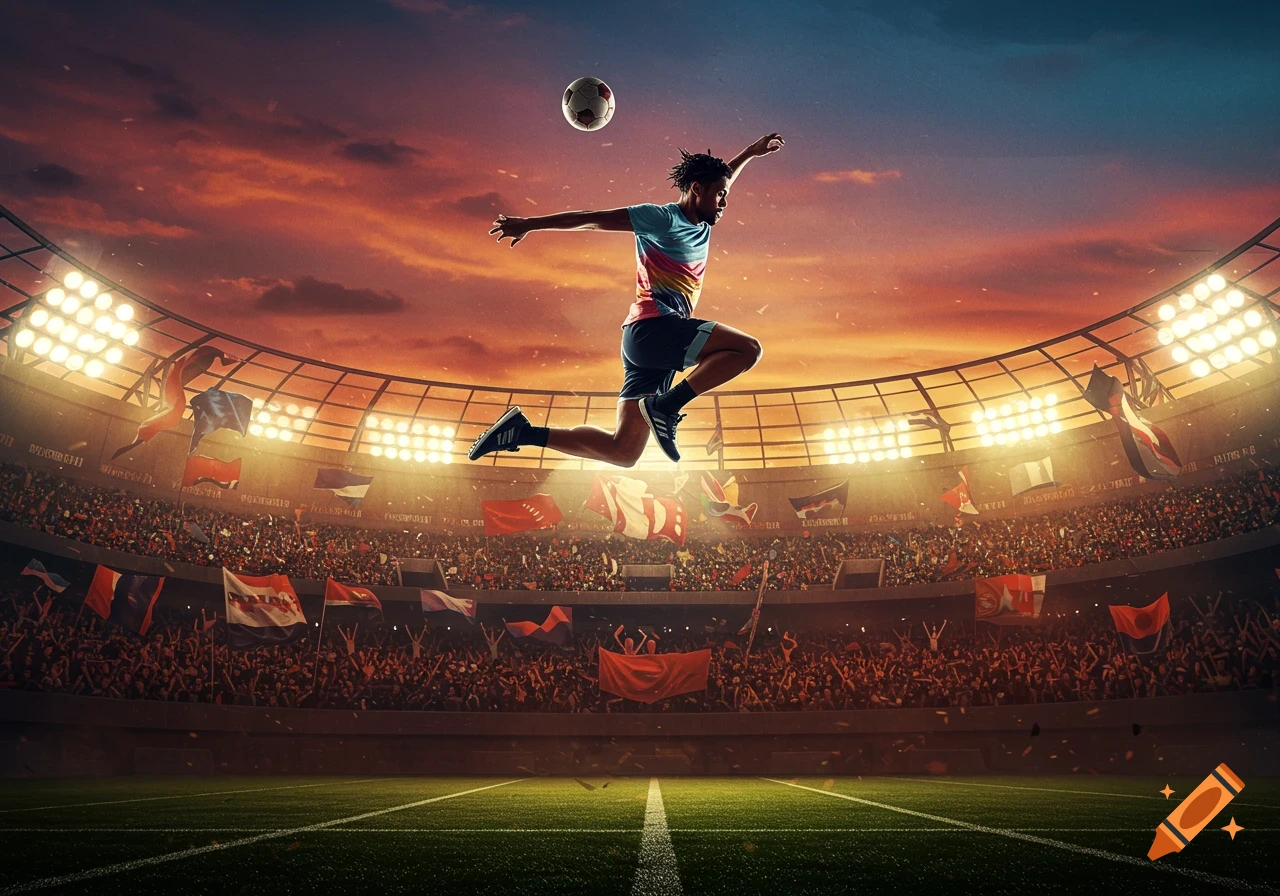 A male soccer player jumps to kick a ball in a vibrant stadium at sunset, surrounded by cheering fans and flags.