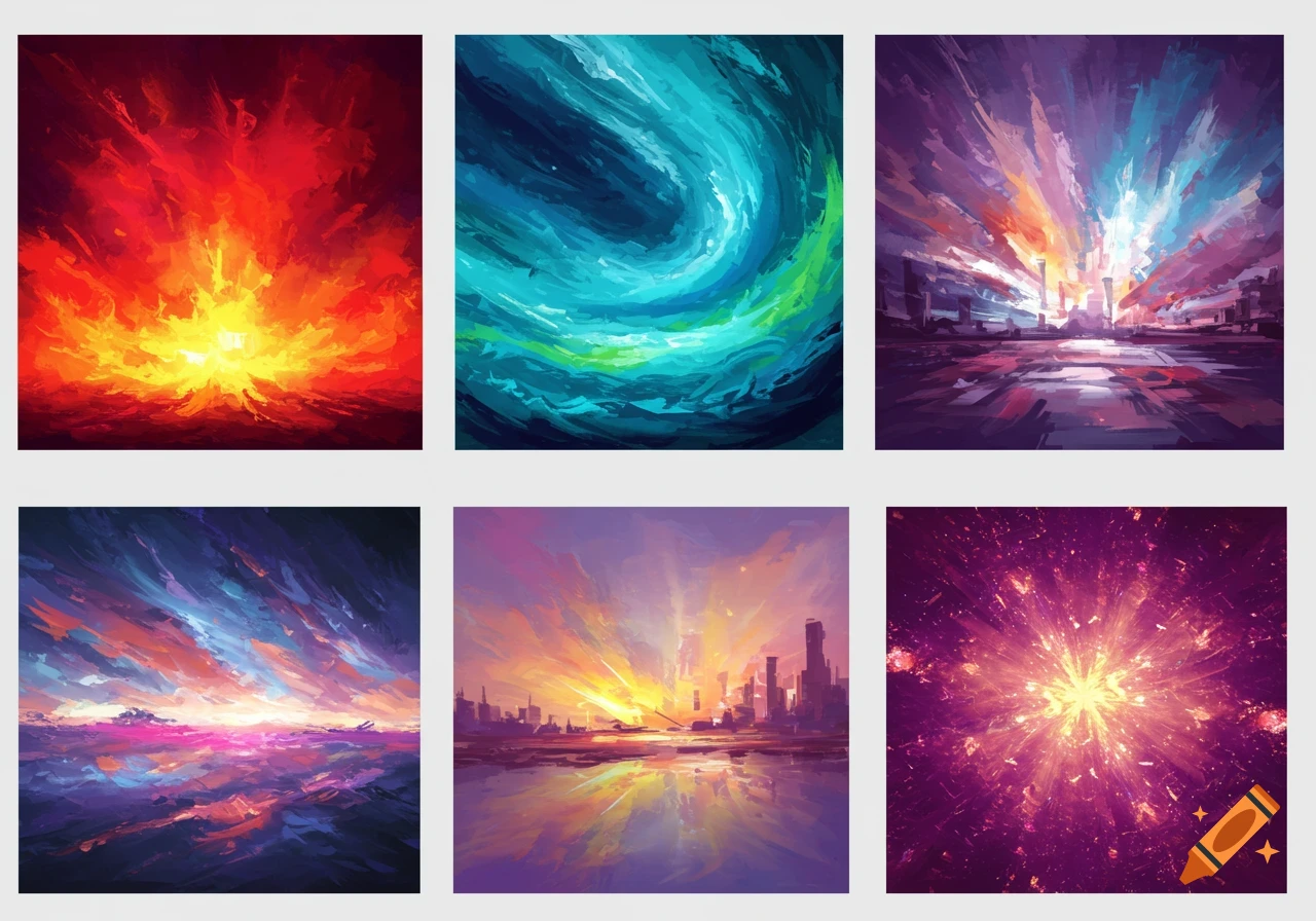 Grid of six vibrant, colorful abstract digital art prints with painterly textures, suitable for wall decor.