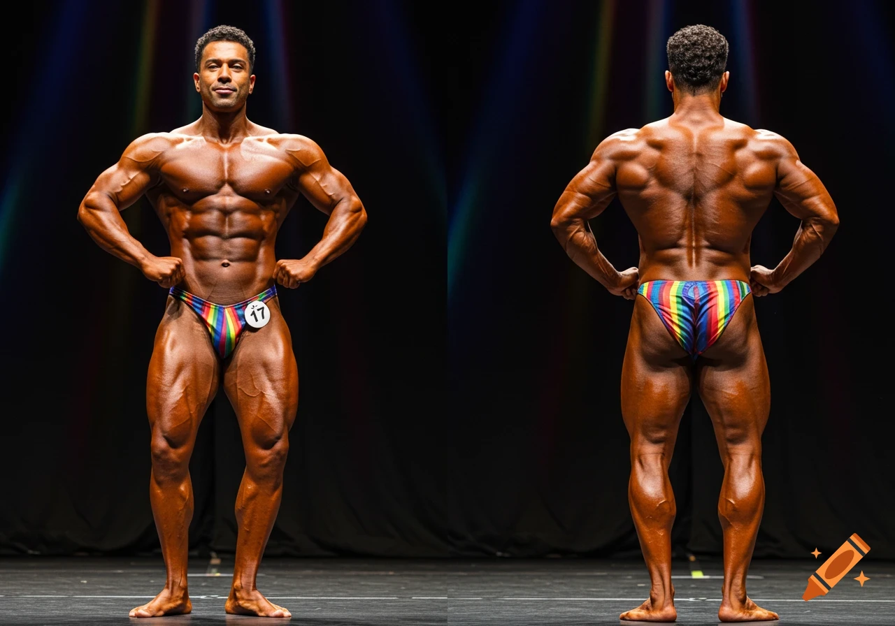 Muscular male bodybuilder in a rainbow posing suit, shown from front and back on a stage under dramatic lighting.