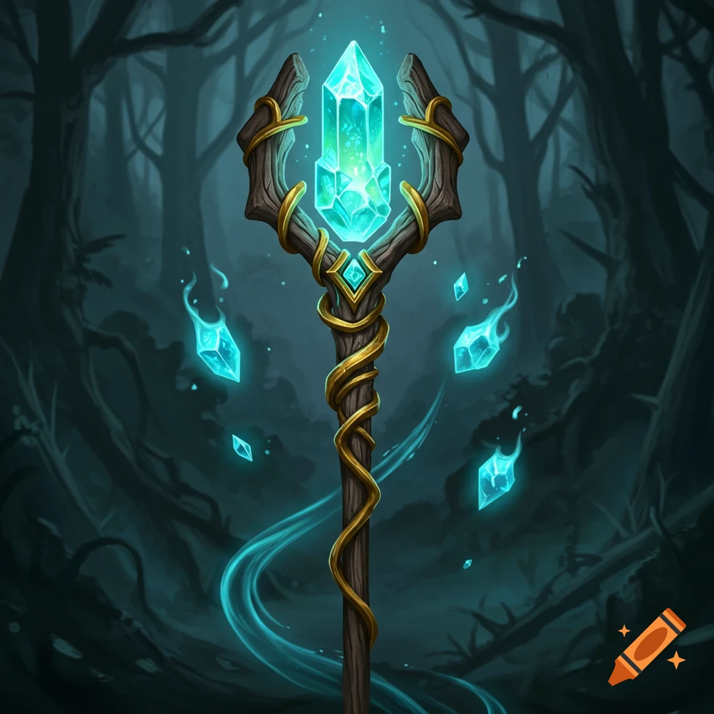 A glowing fantasy staff with a large teal crystal at its top, surrounded by smaller floating crystals and magical energy, in a dark, eerie forest.