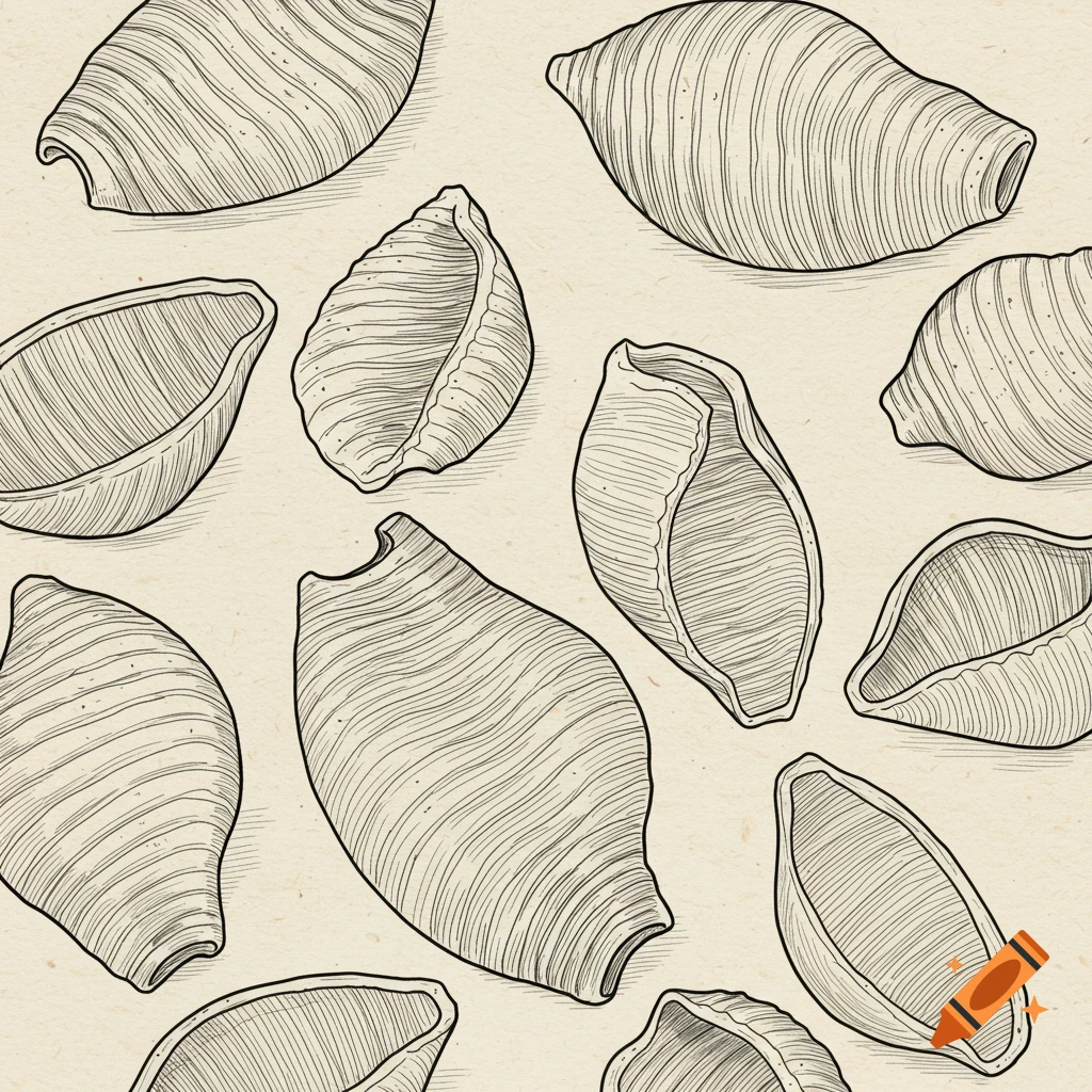 An illustration of various seashell-shaped pasta pieces with wave ridges, drawn in black line art on a textured beige background.