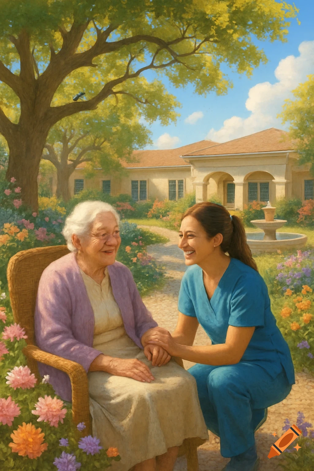 An elderly woman and a caregiver hold hands and smile in a sunny, flower-filled garden outside a building, in a painterly style.