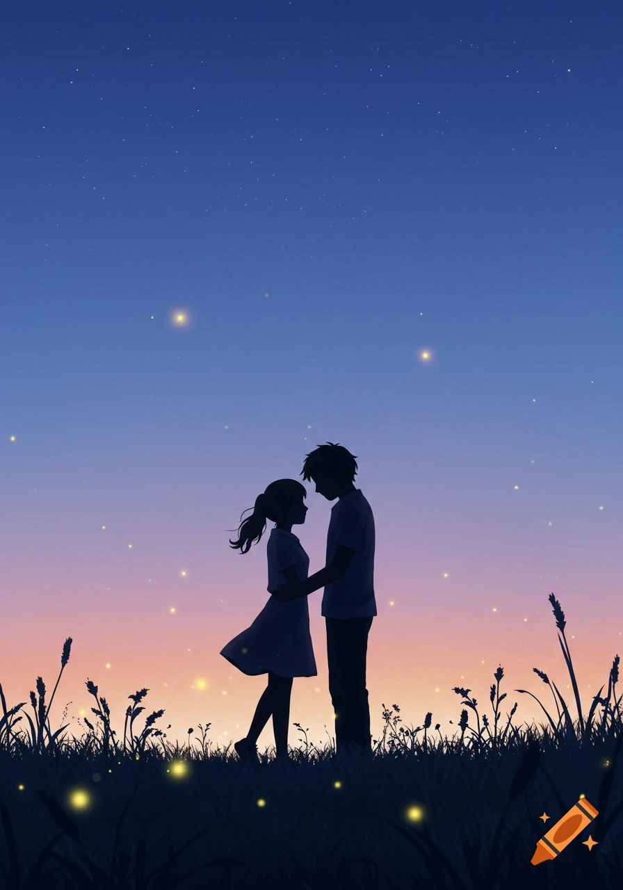 Anime-style silhouettes of a couple holding hands in a grassy field under a star-filled dusk sky.