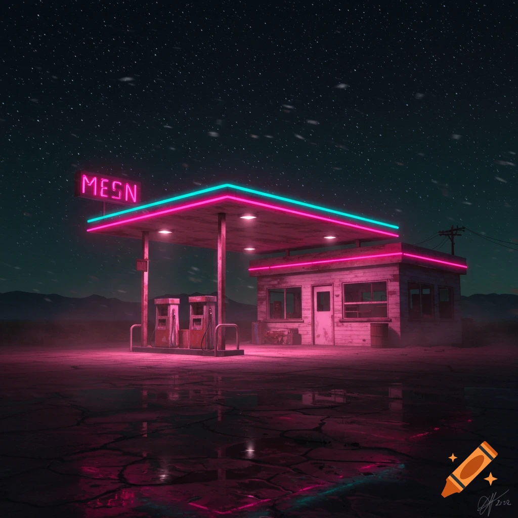 A neon pink and teal gas station with a sign reading "MESN" stands alone in a desert under a starry night sky, reflected on cracked ground.