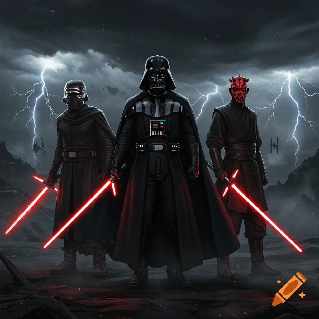 Darth Vader, Kylo Ren, and Darth Maul stand in a dark, stormy landscape with red lightsabers and lightning.