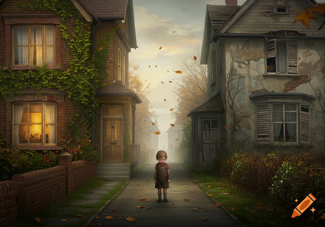 A sad child stands on a leaf-strewn path between a well-maintained brick house and a dilapidated house, under a hazy autumn sky.
