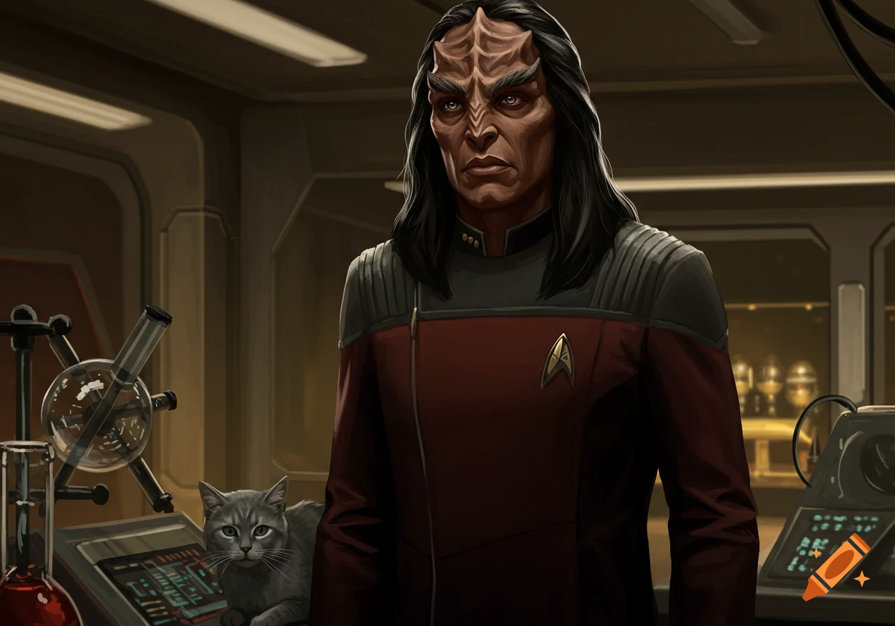 An illustration of a Klingon man in a uniform standing in a sci-fi lab with a gray cat on a console.