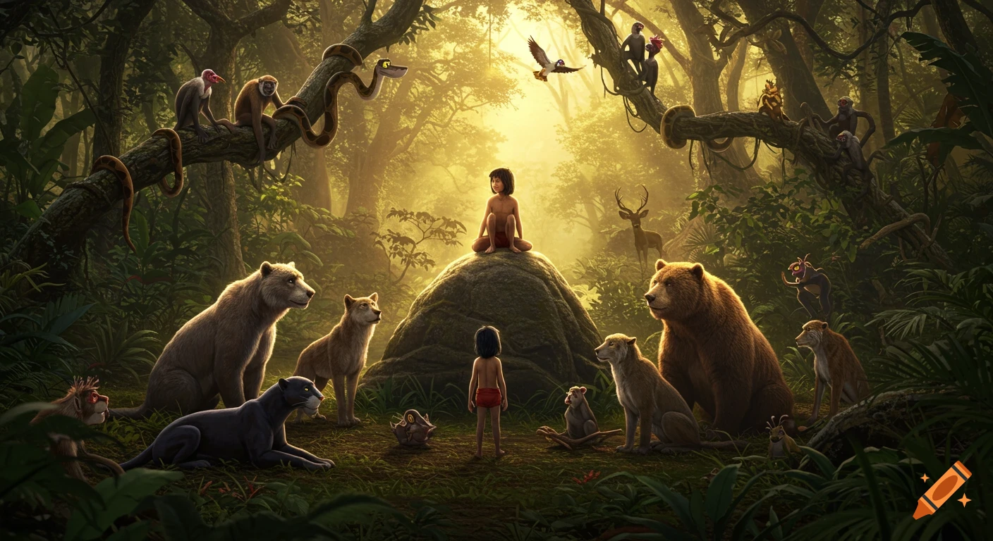 Photorealistic scene of Mowgli on a rock and standing, surrounded by Baloo, Bagheera, wolves, monkeys, and other animals in a sunlit jungle.