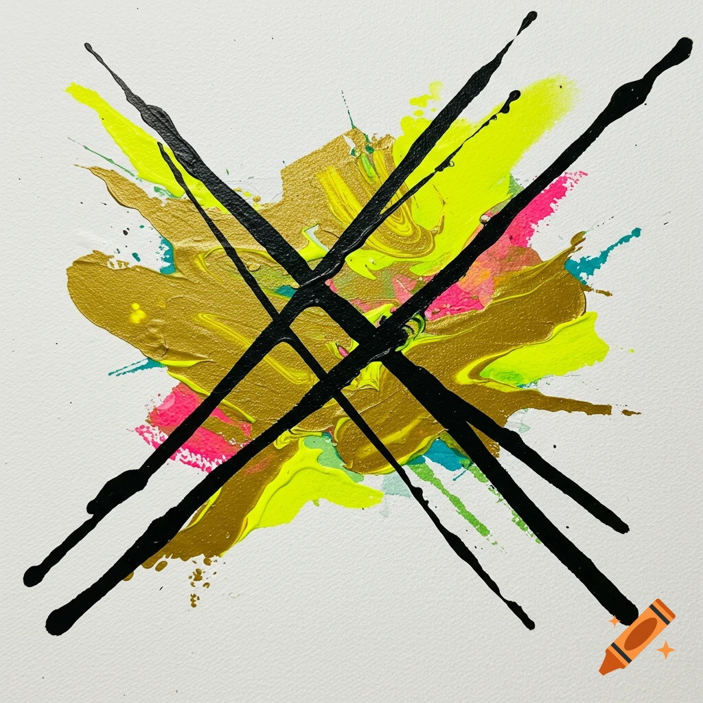Abstract painting with a splatter of gold, neon yellow, and pink paint, crossed by thick black streaks on a white canvas.