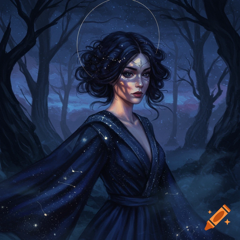 Digital painting of an esoteric woman with dark hair and a star-patterned dress, standing in a mystical, dark forest.