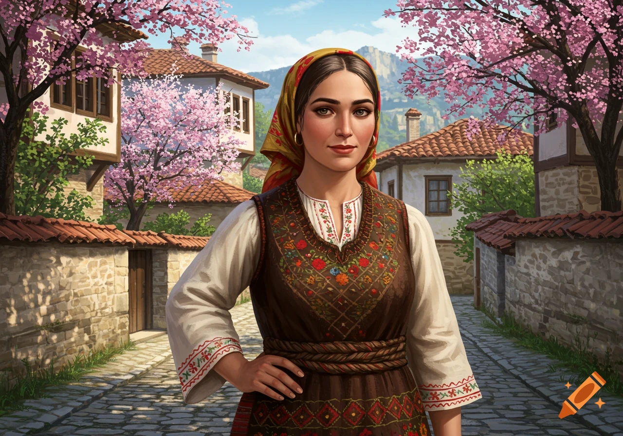 A woman in traditional Bulgarian attire with a headscarf stands in a cobblestone village street blooming with pink cherry trees.