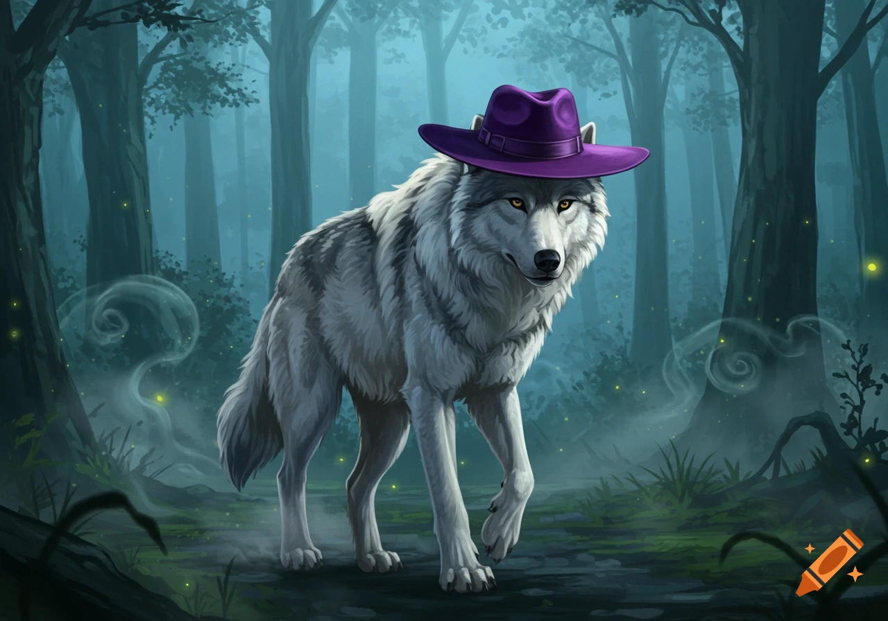 A majestic white wolf wearing a purple fedora stands in a mystical, dark forest with glowing elements. Stylized art.