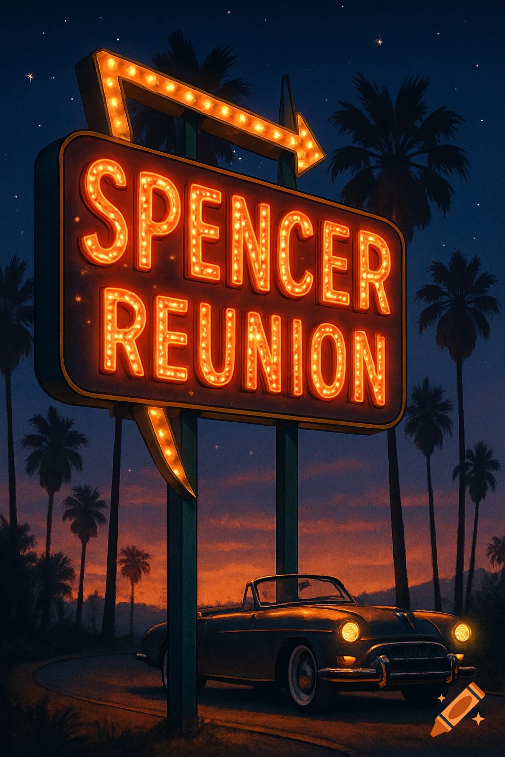 A glowing neon sign reading SPENCER REUNION on a roadside at night, with palm trees and a classic car in the foreground.