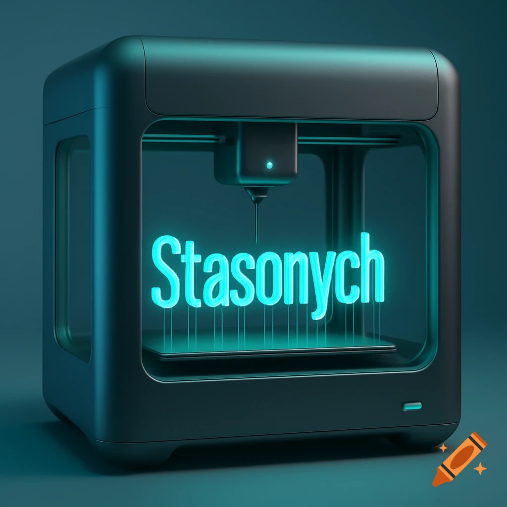 A futuristic dark gray 3D printer creates the glowing neon word 'Stasonych' on a teal background.