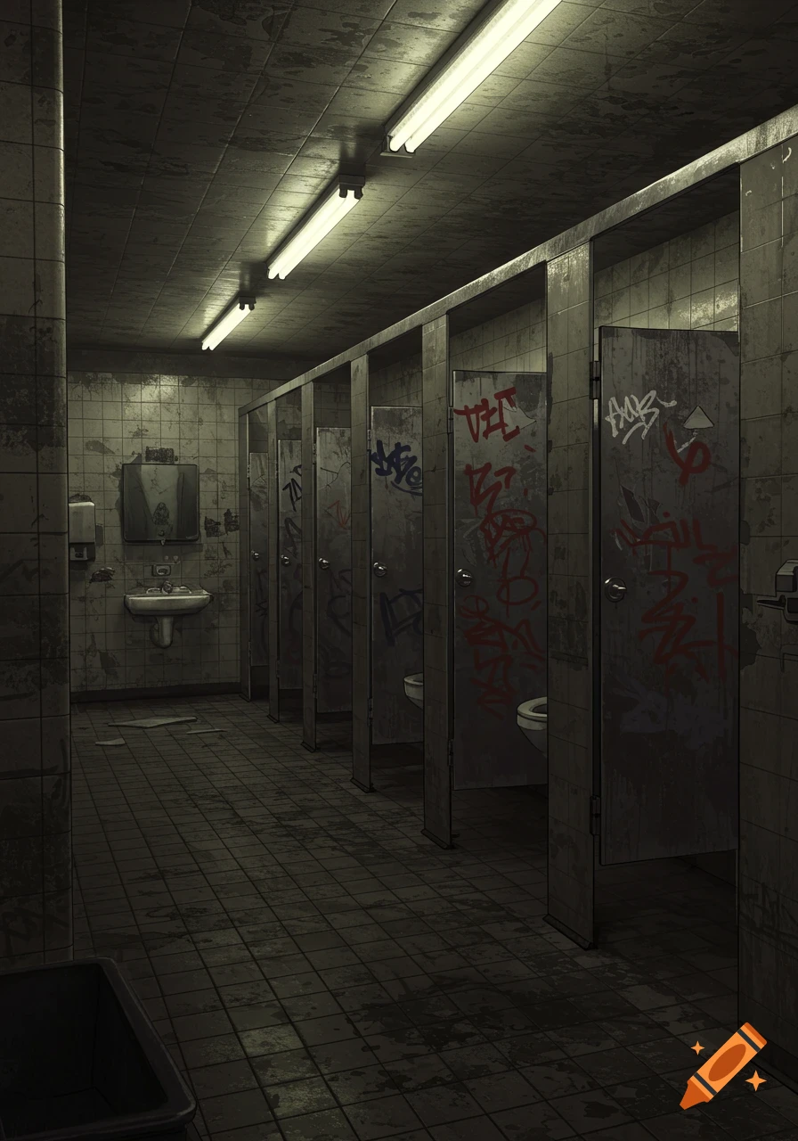 A dimly lit, dirty and grungy public restroom with multiple stalls, graffiti-covered doors, a grimy sink, and stained tiled floors. The image has a desaturated, gritty aesthetic.