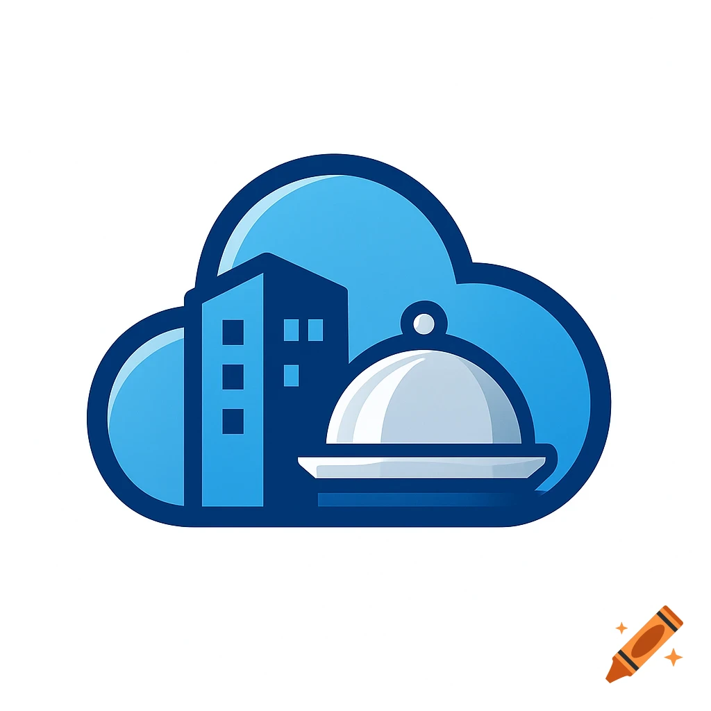 A minimalist logo featuring a stylized blue cloud encompassing a dark blue building and a white restaurant cloche.